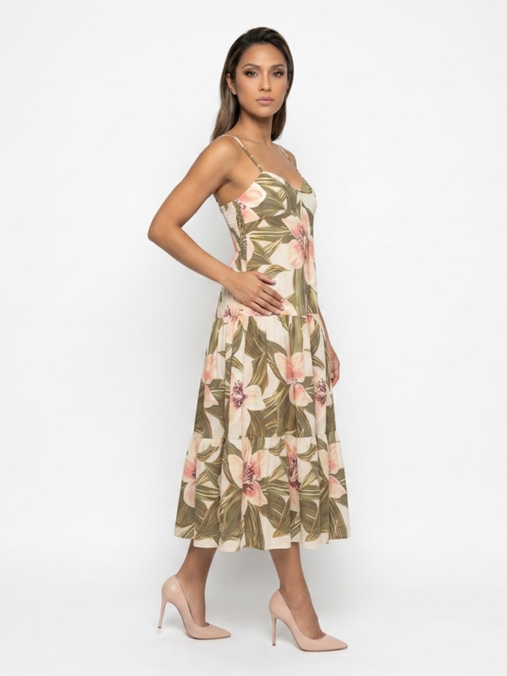NWT Taylor Floral Tiered Dress Sz S Cream, Pink & Green Cotton Spaghetti Straps - Picture 4 of 13